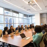 A diverse group of professionals engaged in a meeting around a conference table with laptops in a modern office setting.