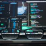 Eyeglasses in the foreground with clear focus on their lenses, showing reflected colorful coding software screens blurred in the background.