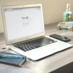 Modern workspace with an open laptop showing Google's homepage, accompanied by a smartphone, notepads, pens, and a decorative glass bottle on a wooden desk.