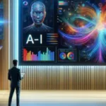 Person standing in front of a futuristic AI presentation with digital graphics and vibrant visualizations on a large screen.