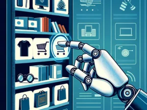 Alt text: Illustration of a robotic hand using a magnifying glass to examine products on a shelf, symbolizing advanced technology in retail and inventory management.