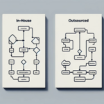 Two flowcharts comparing In-House vs. Outsourced processes displayed side by side on a light background.