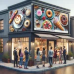 Alt: A group of people standing outside a modern café with a large display of various breakfast items like pastries and coffee on the upper facade during the evening.