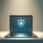 A laptop on a table displaying a shield with a bug icon, symbolizing cybersecurity, in a dimly lit room.