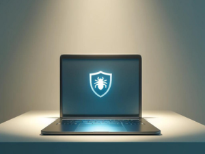 A laptop on a table displaying a shield with a bug icon, symbolizing cybersecurity, in a dimly lit room.