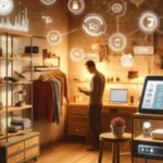 Person using a smartphone in a modern smart retail store interior with digital icons representing internet of things technology.