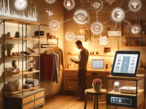 Person using a smartphone in a modern smart retail store interior with digital icons representing internet of things technology.