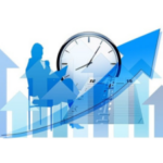 Graphic illustration of a person working at a desk with a graph arrow trending upwards, overlayed with a clock, symbolizing productivity and time management in business.
