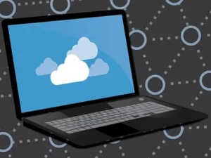 Illustration of an open laptop with a screen displaying clouds, symbolizing cloud computing, against a background with network connectivity icons.