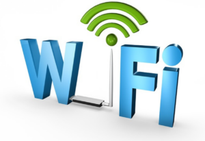 3D illustration of the word 'Wi-Fi' with a stylized Wi-Fi signal icon above.