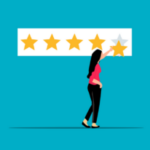 Illustration of a woman reaching out to give a five-star rating, on a blue background.