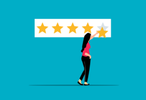 Illustration of a woman reaching out to give a five-star rating, on a blue background.
