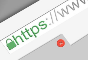 Close-up of a web browser's address bar with 'https://' highlighted and a red close button.