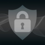 Graphic of a silver shield with a padlock icon, symbolizing cybersecurity, on a dark background with abstract wave patterns.