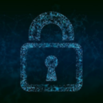 Alt text: Digital padlock illustration with a glowing blue outline on a dark background, symbolizing cyber security.