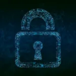 Alt text: Digital padlock illustration with a glowing blue outline on a dark background, symbolizing cyber security.