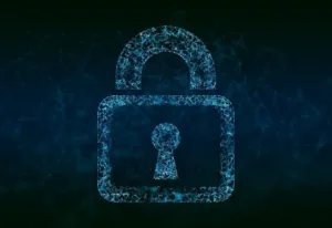 Alt text: Digital padlock illustration with a glowing blue outline on a dark background, symbolizing cyber security.