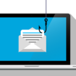 Illustrated laptop with a fishing hook dangling an envelope on the screen, symbolizing email phishing scam.
