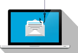 Illustrated laptop with a fishing hook dangling an envelope on the screen, symbolizing email phishing scam.