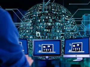 Alt text: Person viewing multiple computer screens showing analytical data with a futuristic digital globe structure in the background set against a dark, circuit-like backdrop.