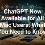 A promotional graphic with floating holographic interfaces around a laptop screen stating ChatGPT Now Available for All Mac Users: What You Need to Know, with various tech devices on a wooden desk.