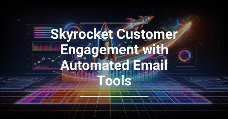 Promotional graphic with a futuristic space theme, featuring a rocket symbolizing growth, various analytics charts, and the text 'Skyrocket Customer Engagement with Automated Email Tools'.