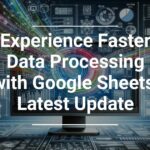 Promotional graphic for Google Sheets' update highlighting faster data processing, with vibrant data visualizations in the background and a central monitor display.