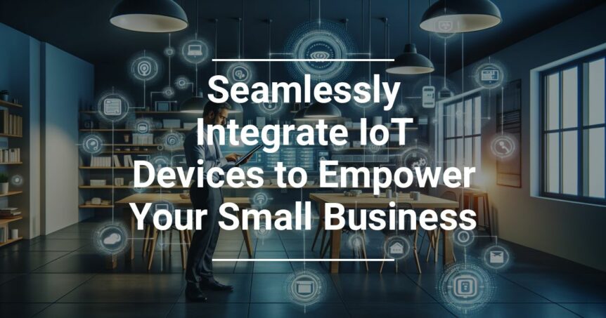 A professional in a modern office setting using a tablet with digital IoT (Internet of Things) icons floating around, promoting seamless integration of IoT devices for small business empowerment.