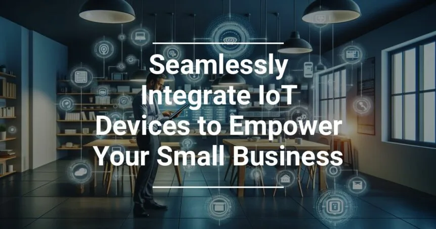 A professional in a modern office setting using a tablet with digital IoT (Internet of Things) icons floating around, promoting seamless integration of IoT devices for small business empowerment.