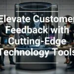 Business professionals seated around a table with futuristic holographic technology displaying a humanoid figure, accompanied by the text Elevate Customer Feedback with Cutting-Edge Technology Tools.