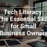 Alt text: A professional woman using a laptop in a modern office setting with the overlaid text 'Tech Literacy: The Essential Skill for Small Business Owners' surrounded by various tech devices.