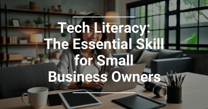 Alt text: A professional woman using a laptop in a modern office setting with the overlaid text 'Tech Literacy: The Essential Skill for Small Business Owners' surrounded by various tech devices.