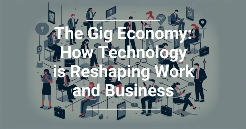 Graphic illustration depicting various individuals engaged in different work activities connected by a network, overlaid with text The Gig Economy: How Technology is Reshaping Work and Business.