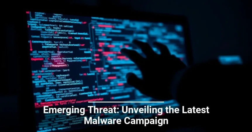 A person's silhouette in front of a computer screen displaying red and blue code, with the caption Emerging Threat: Unveiling the Latest Malware Campaign.