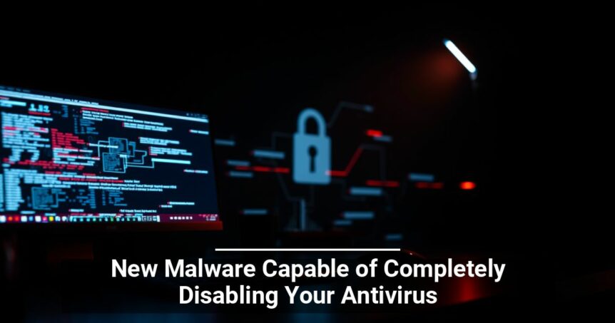 A dimly lit computer workstation displaying code and a security lock graphic, with text overlay stating 'New Malware Capable of Completely Disabling Your Antivirus.'