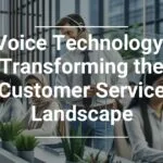 A diverse group of customer service representatives with headsets working at computers in a modern office, with an overlaying text 'Voice Technology: Transforming the Customer Service Landscape'.