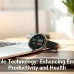 Alt text: Smartwatch displaying fitness metrics on a desk next to an open laptop, with a potted plant and pen in the background. Text overlay: Wearable Technology: Enhancing Employee Productivity and Health.