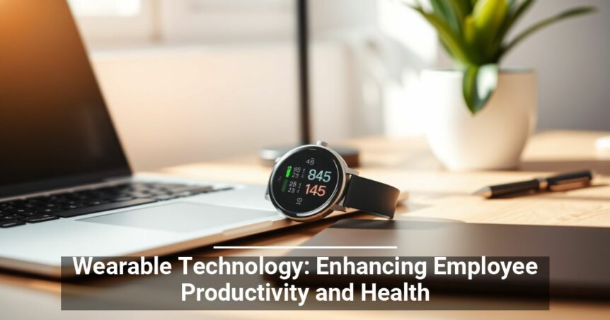 Alt text: Smartwatch displaying fitness metrics on a desk next to an open laptop, with a potted plant and pen in the background. Text overlay: Wearable Technology: Enhancing Employee Productivity and Health.