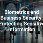 Professionals in a business environment with a large digital biometric fingerprint display highlighting Biometrics and Business Security for Protecting Sensitive Information.