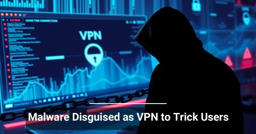 Silhouetted figure in a hoodie against a backdrop of computer screens displaying VPN graphics and cybersecurity data, with text overlay Malware Disguised as VPN to Trick Users.