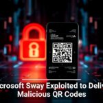 Smartphone displaying a QR code with a digital backdrop featuring an illuminated padlock, symbolizing cybersecurity threats, with the text 'Microsoft Sway Exploited to Deliver Malicious QR Codes'.