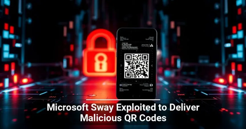 Smartphone displaying a QR code with a digital backdrop featuring an illuminated padlock, symbolizing cybersecurity threats, with the text 'Microsoft Sway Exploited to Deliver Malicious QR Codes'.