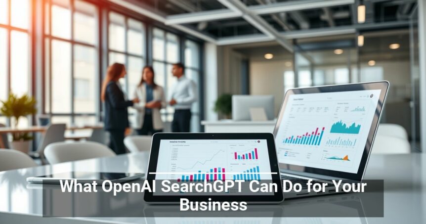 Alt text: Modern office setting with a group of professionals engaged in conversation in the background, and a foreground focus on a tablet and laptop displaying colorful graphs and data charts. Overlay text reads 'What OpenAI SearchGPT Can Do for Your Business'.