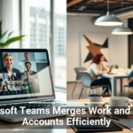 Laptop on a desk displaying a Microsoft Teams meeting with several participants, contrasting with a background of a modern office where three people are engaged in an in-person meeting.