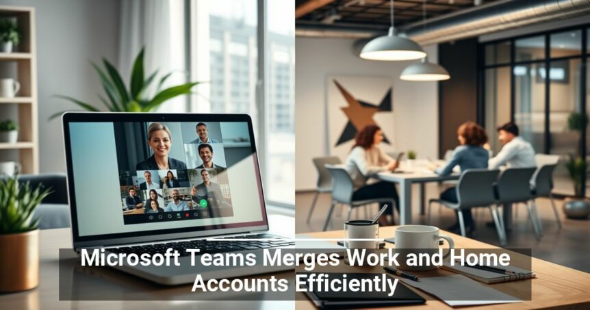 Laptop on a desk displaying a Microsoft Teams meeting with several participants, contrasting with a background of a modern office where three people are engaged in an in-person meeting.