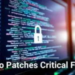 Computer screen displaying code with a security padlock icon overlay, emphasizing cybersecurity, with the caption 'Cisco Patches Critical Flaws'.