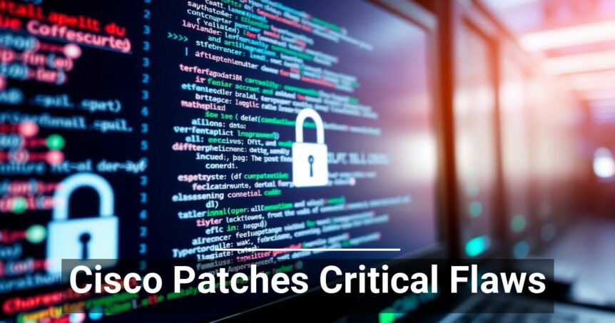 Computer screen displaying code with a security padlock icon overlay, emphasizing cybersecurity, with the caption 'Cisco Patches Critical Flaws'.