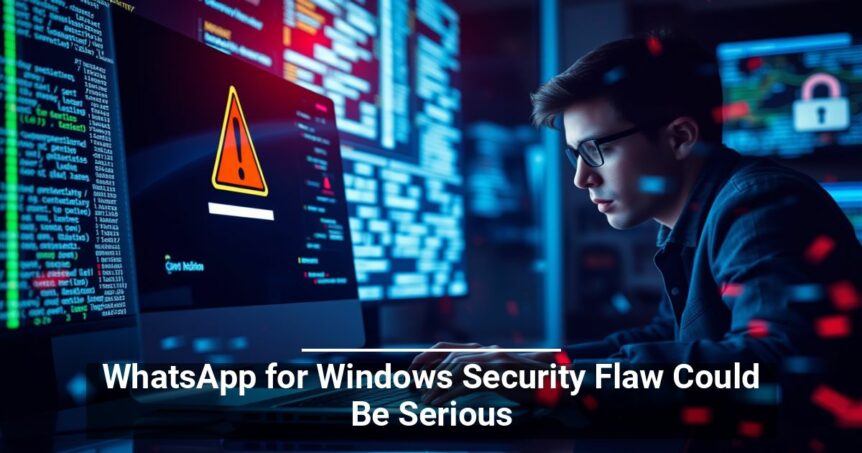 Person analyzing code on monitors with a warning symbol, highlighting a potential WhatsApp for Windows security flaw