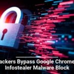 Alt text: Digital concept art of a padlock superimposed over a stylized data stream with red and blue binary code, with the headline 'Hackers Bypass Google Chrome’s Infostealer Malware Block'.