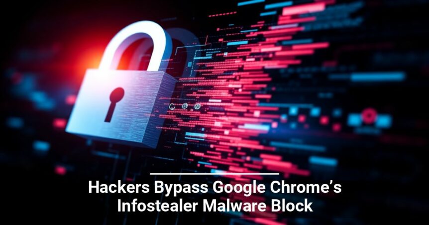 Alt text: Digital concept art of a padlock superimposed over a stylized data stream with red and blue binary code, with the headline 'Hackers Bypass Google Chrome’s Infostealer Malware Block'.